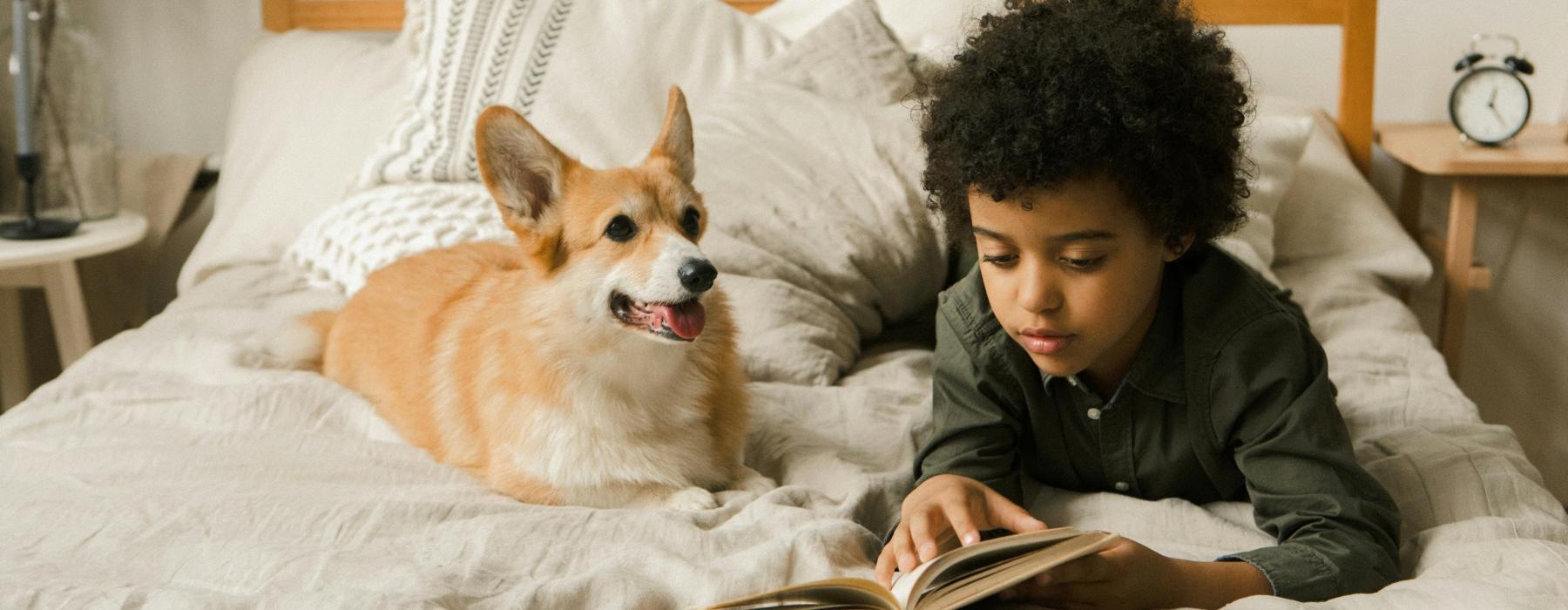 a boy reading a book to a dog