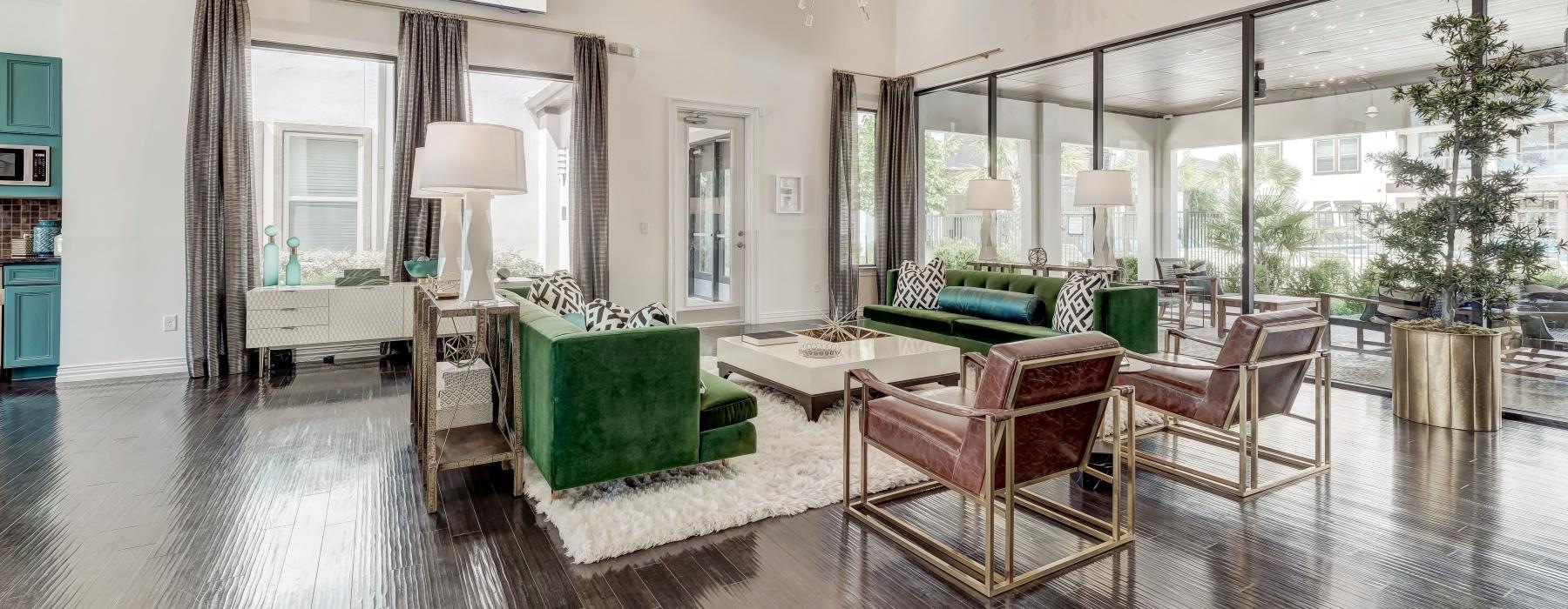 a large room with a glass wall and a mirror